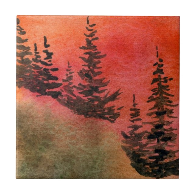 Pines on a hill with a dramatic red sunrise sky ceramic tile (Front)