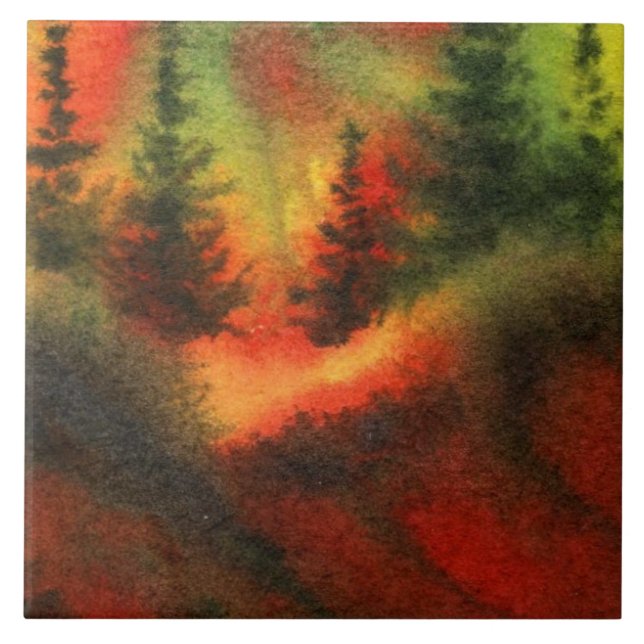 Pines on a hill with intense misty sunset colours ceramic tile (Front)