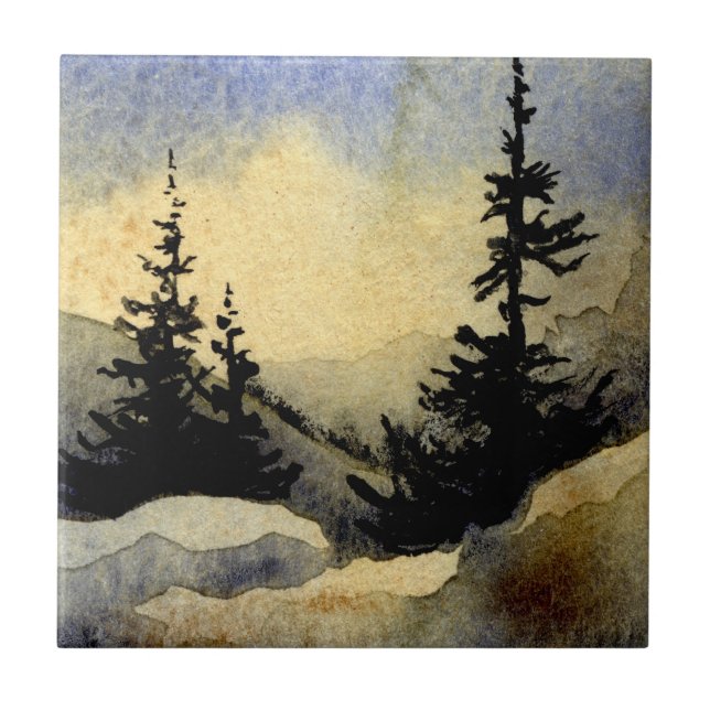 Pines on a ridge with a cream sunrise sky ceramic tile (Front)