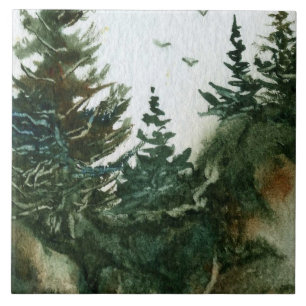 Pines on rocks with birds in flight country ceramic tile