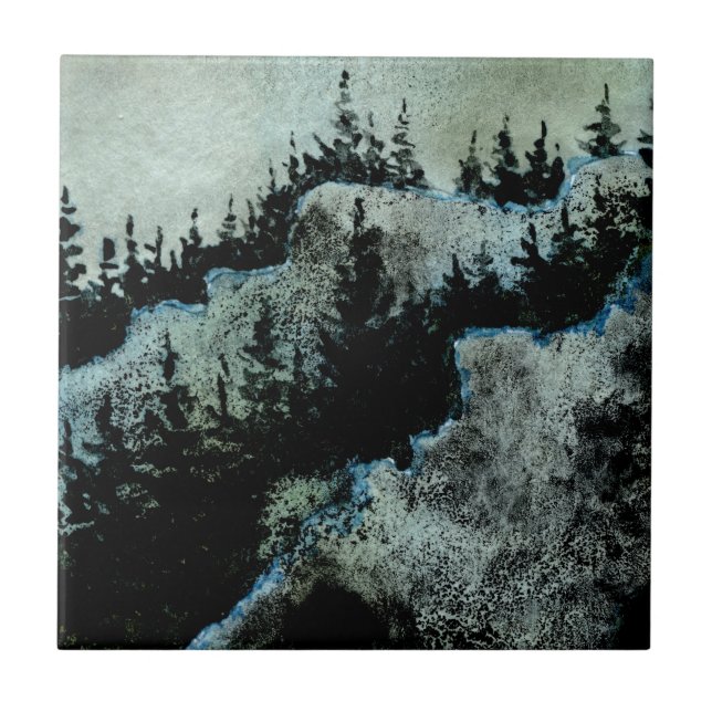 Pines on the rocks with hidden mountain men ceramic tile (Front)