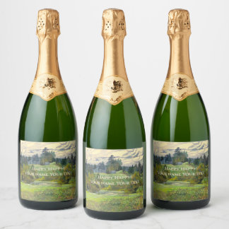 Pines painting  watercolor sparkling wine label