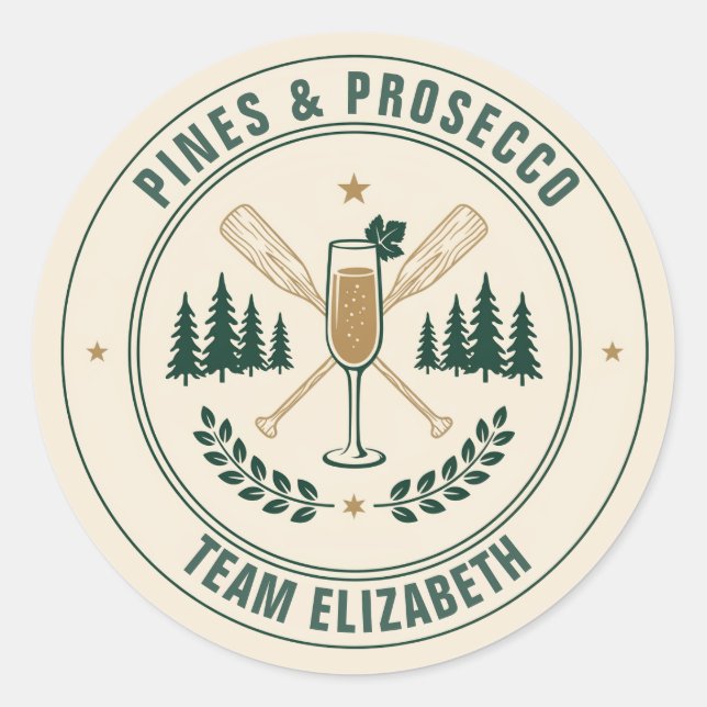 Pines & Prosecco Team Bride Camp Bachelorette Classic Round Sticker (Front)