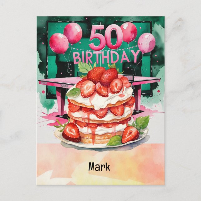 Ping Pong 50th Birthday with Cake Postcard (Front)