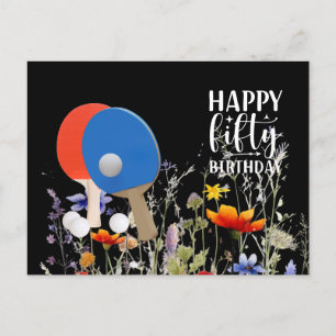 Ping pong 50th Birthday with paddle and flower Postcard