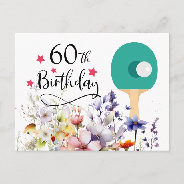 Ping pong 60th Birthday with paddle and flower Postcard (Front)