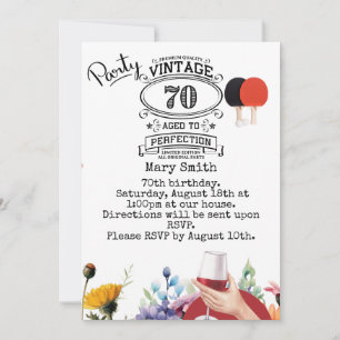 Ping pong 70th Birthday with paddle and flower Invitation