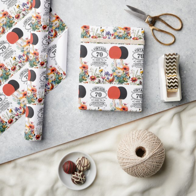 Ping pong 70th Birthday with paddle and flower Wrapping Paper (Crafts)