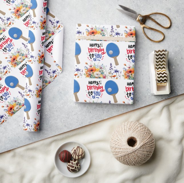 Ping pong  Birthday with paddle and flower Wrapping Paper (Crafts)