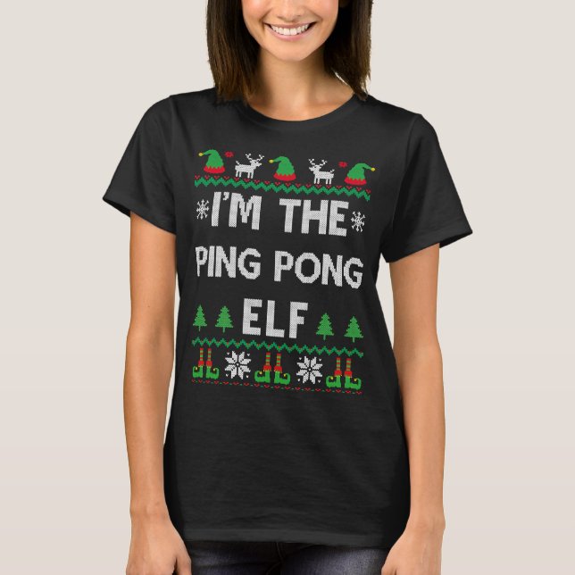 Ping Pong Elf Ugly Christmas Table Tennis T-Shirt (Front)