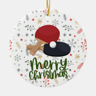Ping Pong Paddle on Snow Flake Christmas Ceramic Ornament