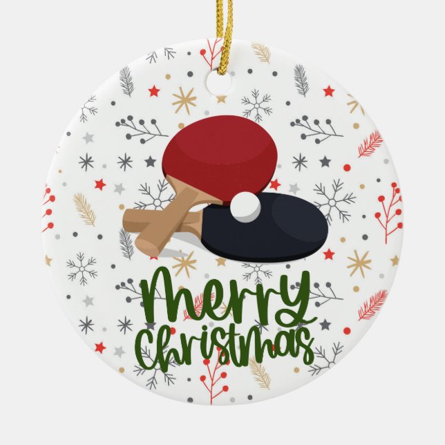 Ping Pong Paddle on Snow Flake Christmas  Ceramic Ornament (Front)