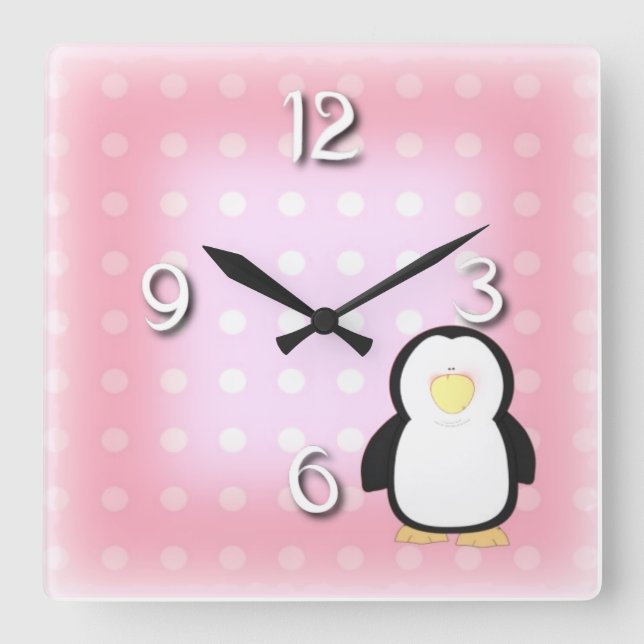 Pinguin pink square wall clock (Front)