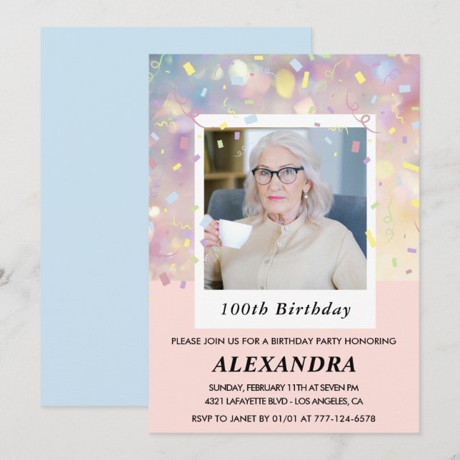 Pink 100th birthday invitations Confetti Photo  (Front/Back)
