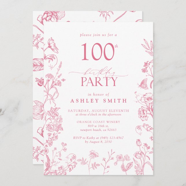 Pink 100th Birthday Party Victorian Floral Invitation (Front/Back)