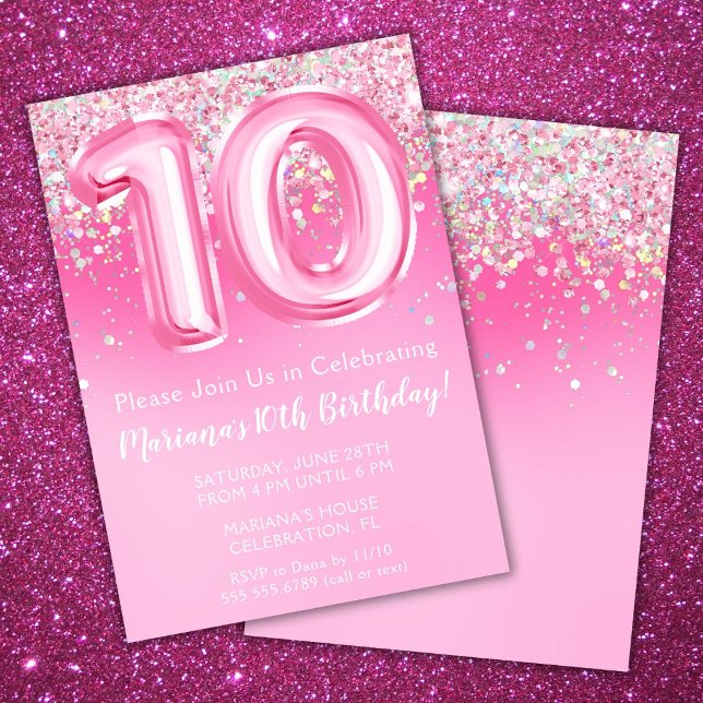 Pink 10th Birthday Invitation Girly Pink Glitter (Creator Uploaded)