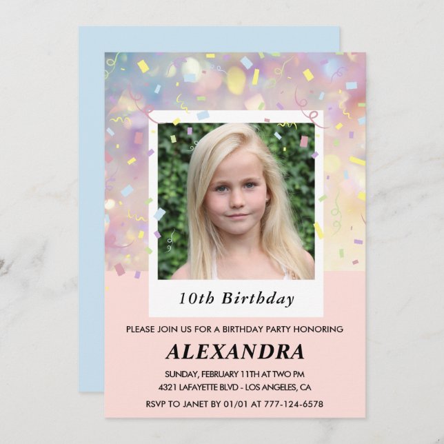 Pink 10th birthday invitations Confetti Photo  (Front/Back)