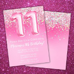 Pink 11th Birthday Invitation Girly Pink Glitter<br><div class="desc">Pink 11th Birthday Invitation Girly Pink Glitter birthday party invitation for a 11 year old girl with modern script writing and fun foil balloons.</div>