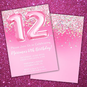 Pink 12th Birthday Invitation Girly Pink Glitter