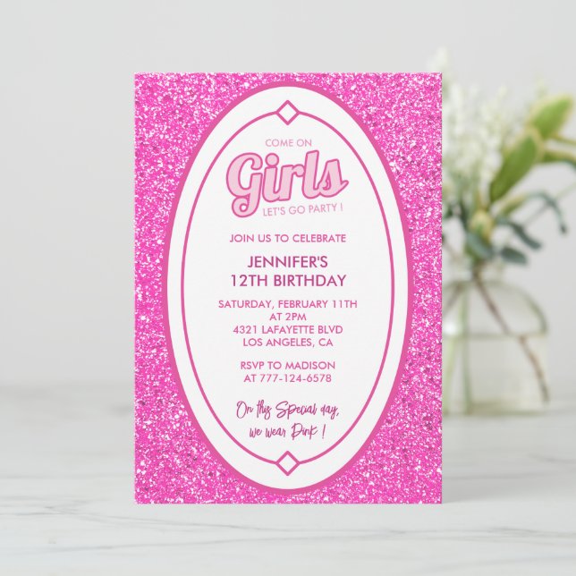 Pink 12th birthday invitations Glitter fushia (Standing Front)