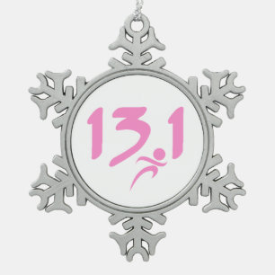 Pink 13.1 half-marathon snowflake pewter christmas ornament