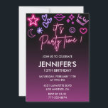 Pink 13th birthday invitations for her kids Neon<br><div class="desc">Celebrate her 13th in neon-lit style! This bold pink and black neon birthday invitation is perfect for trendy teen girls who love a glam party vibe. Featuring glowing neon signs, stars, hearts, and a stunning dark background, this design screams fun. Fully customisable — add her name, date, and party details...</div>