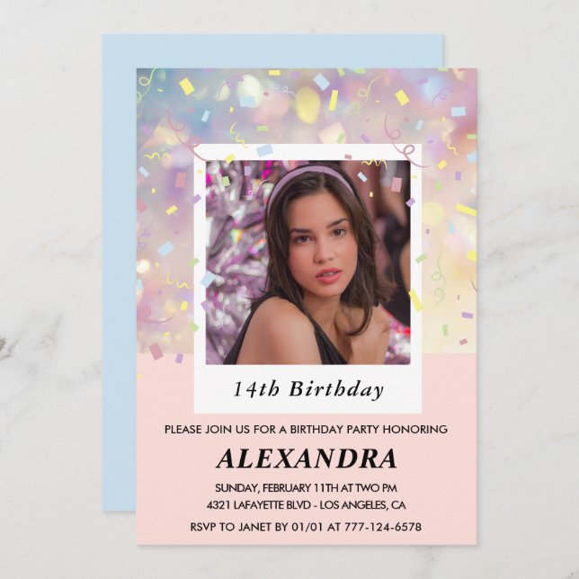 Pink 14th birthday invitations Confetti Photo  (Front/Back)
