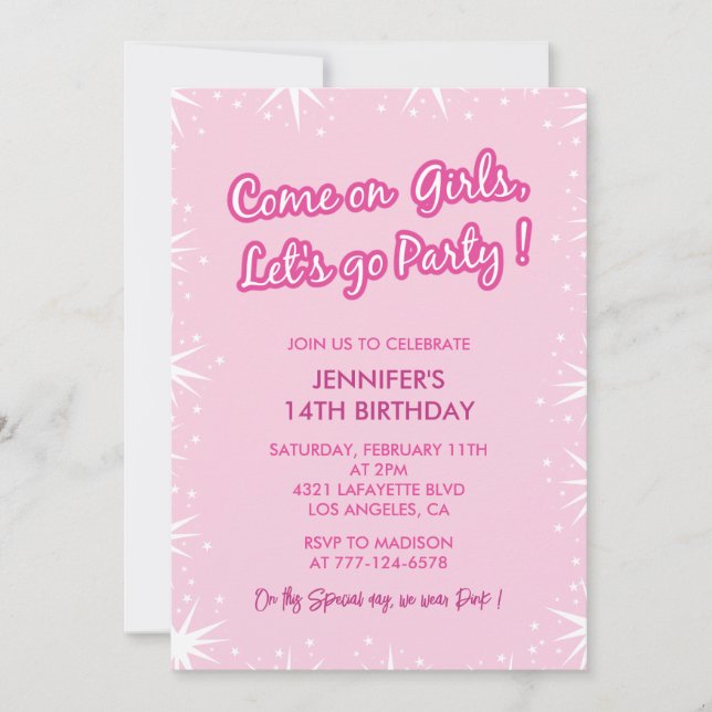 Pink 14th birthday invitations trendy girly  (Front)