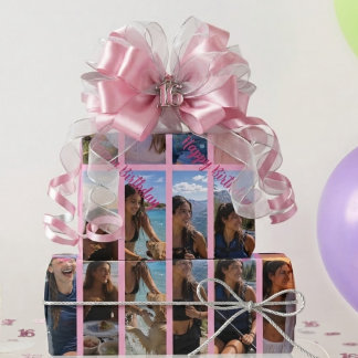Pink 16 Vertical Photo Collage Happy Birthday Wrapping Paper