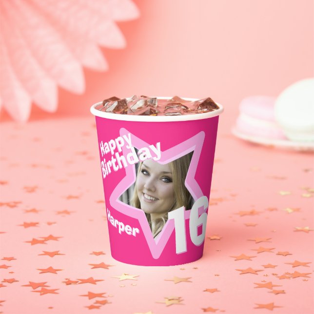 Pink 16th birthday photo personalised paper cups (Insitu)