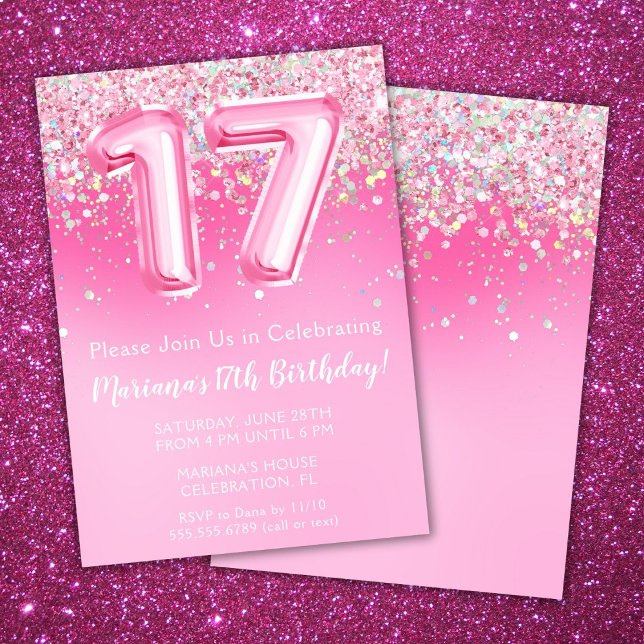 Pink 17th Birthday Invitation Girly Pink Glitter (Creator Uploaded)