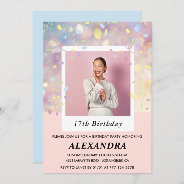 Pink 17th birthday invitations Confetti Photo  (Front/Back)