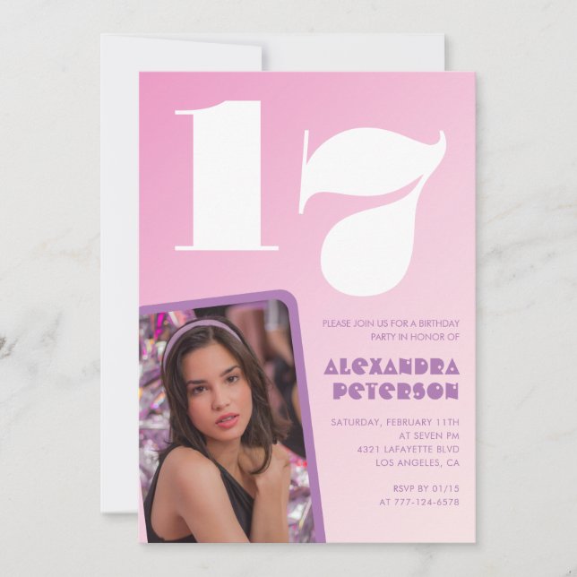 Pink 17th birthday invitations Retro Photo (Front)
