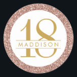 Pink 18th Birthday Custom Age Name Rose Gold Favou Classic Round Sticker<br><div class="desc">Pink glitter chic rose gold sparkle round border on an elegant and classic sophisticated 18th birthday party favour label or envelope seal with her name personalised in the middle.</div>
