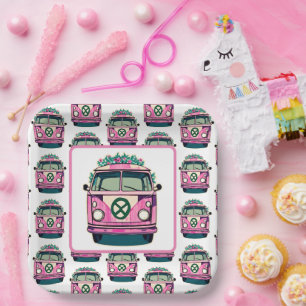 Pink 1970s Hippie Van Retro Vintage Style Birthday Paper Plate