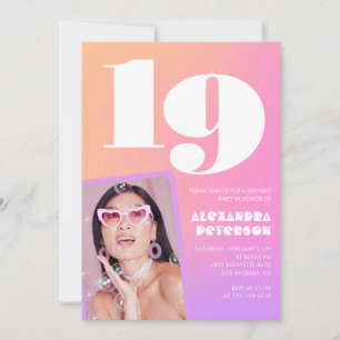 Pink 19th birthday invitations for her Retro Photo