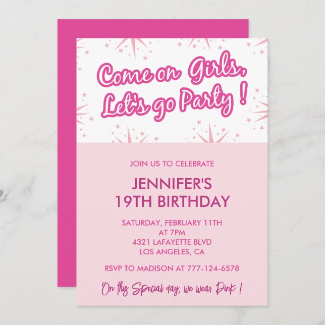 Pink 19th birthday invitations trendy fun Girl (Front/Back)