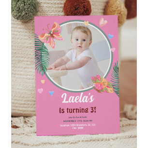 Pink 1st Birthday Butterfly Invitation with Photo