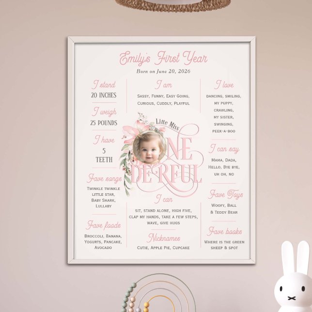 Pink 1st Birthday Elegant Onederful photo mileston Print (Little Miss Onederful, Baby Girl 1st Birthday MIlestone poster. Birthday keepsake, nursery decor.)