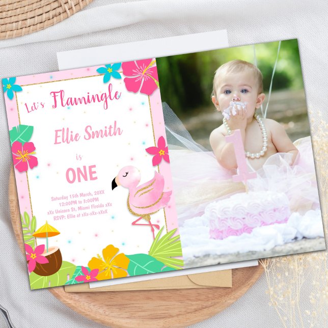 Pink 1st Birthday Flamingo Invitations with Photo (Pink 1st Birthday Flamingo Invitations with photo)