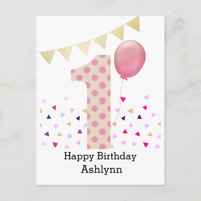 Pink 1st Birthday Girl Postcard (Front)