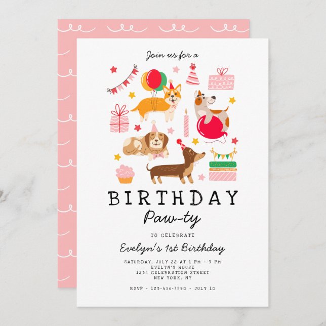 Pink 1st Birthday Let's Pawty Party Invitation (Front/Back)