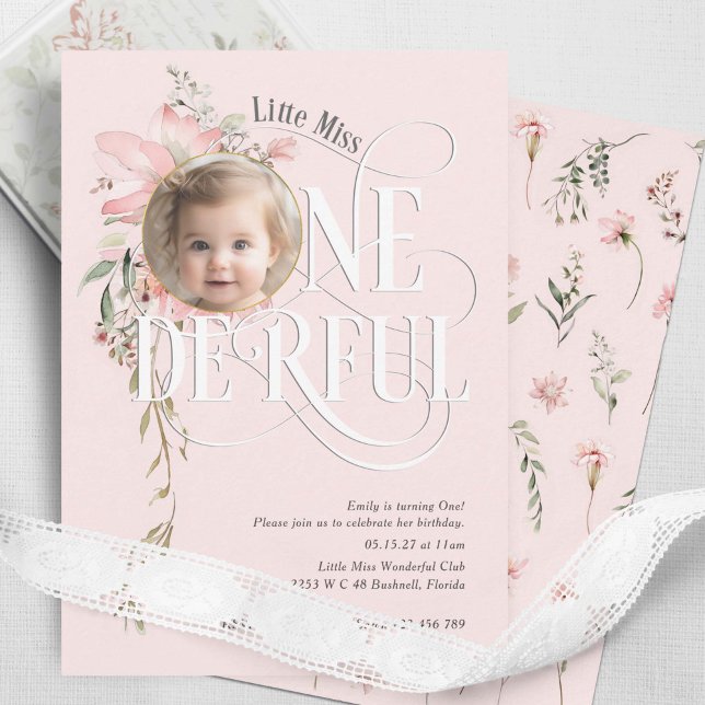 Pink 1st birthday Miss Onederful Wildflower Photo Invitation (Little MIss Onederland, Pink Baby girl 1st birthday wildflower themed invitation.)