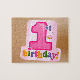 Pink 1st Birthday Tag on Door Jigsaw Puzzle