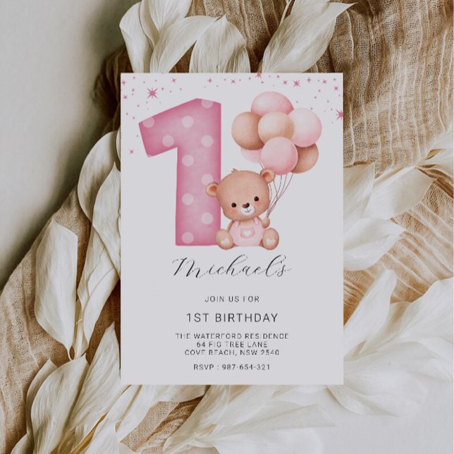 Pink 1st Birthday, Teddy Bear Invitation (Pink 1st Birthday, Teddy Bear Invitation)