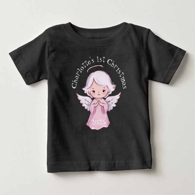 Pink 1st Christmas Girls Angel Cute 2025 Black Baby T-Shirt (Front)