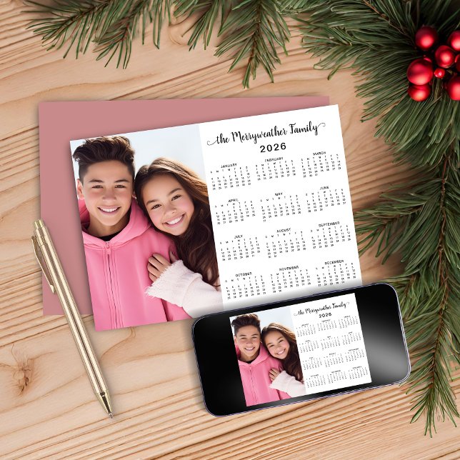 Pink 2026 Modern Minimalist Family Photo Calendar Holiday Card (Pink 2026 Modern Minimalist Family Photo Calendar Holiday Card with Instant Download)