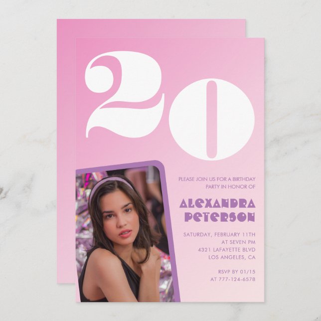 Pink 20th birthday invitation Retro Photo (Front/Back)