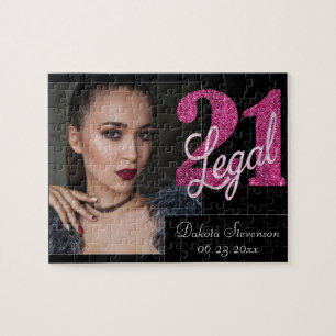 Pink 21 and Legal   Modern 21st Birthday Photo Jigsaw Puzzle