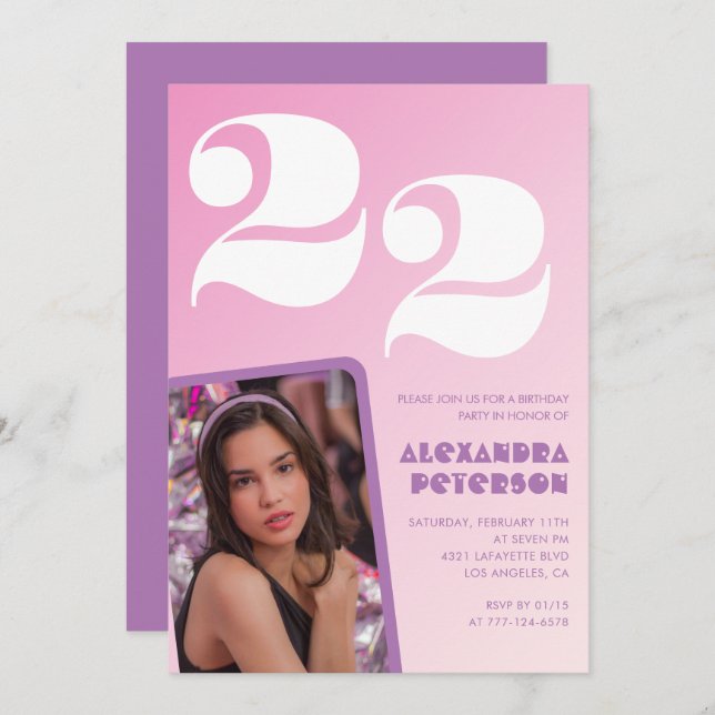 Pink 22nd birthday invitations Retro Photo (Front/Back)